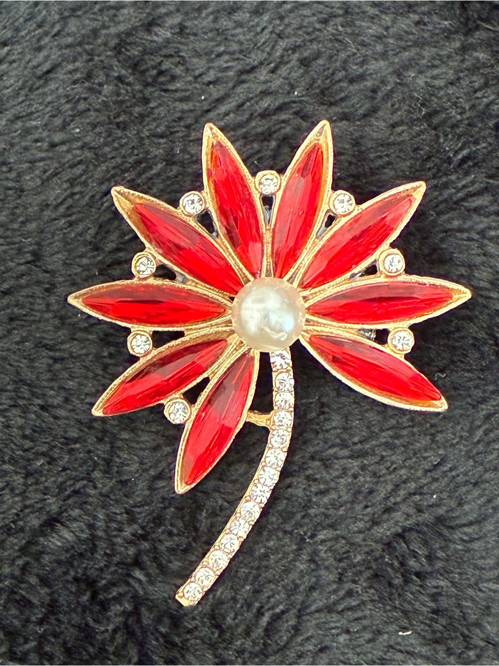 Gold-Tone Red Floral Brooch with Faux Pearl Center - Women Jewelry